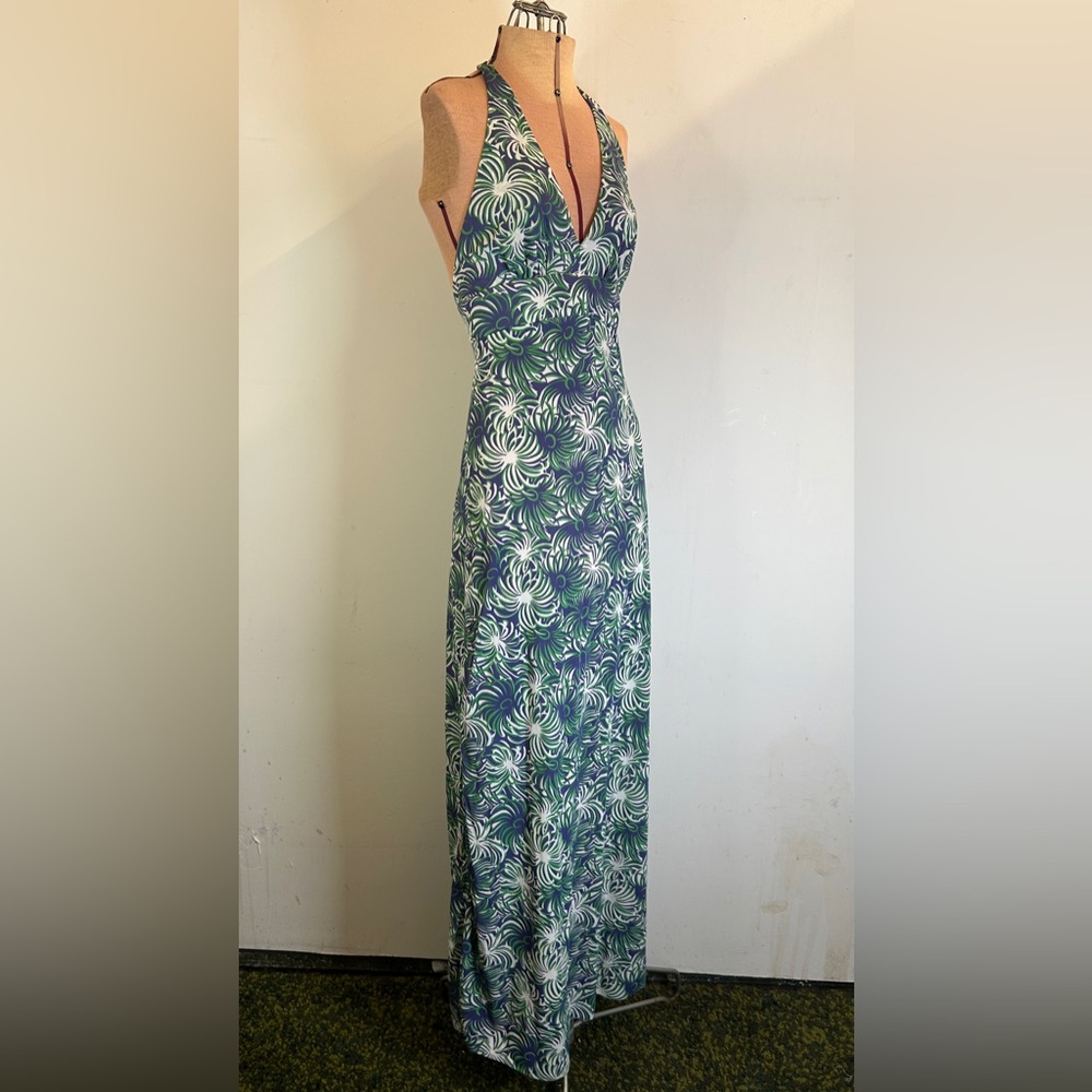 Vintage 1970s Halter Maxi Dress Blue Green White Size XS - Picture 3 of 12